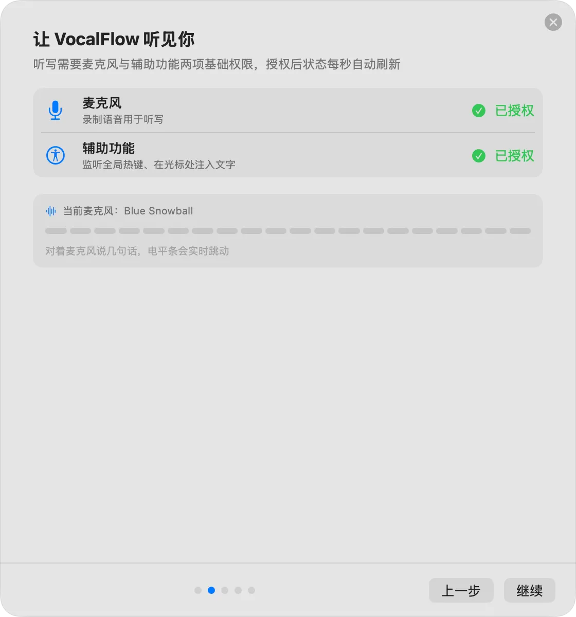 Wizard step 2 showing Microphone and Accessibility permission rows with granted status, plus the current microphone and a live input level bar